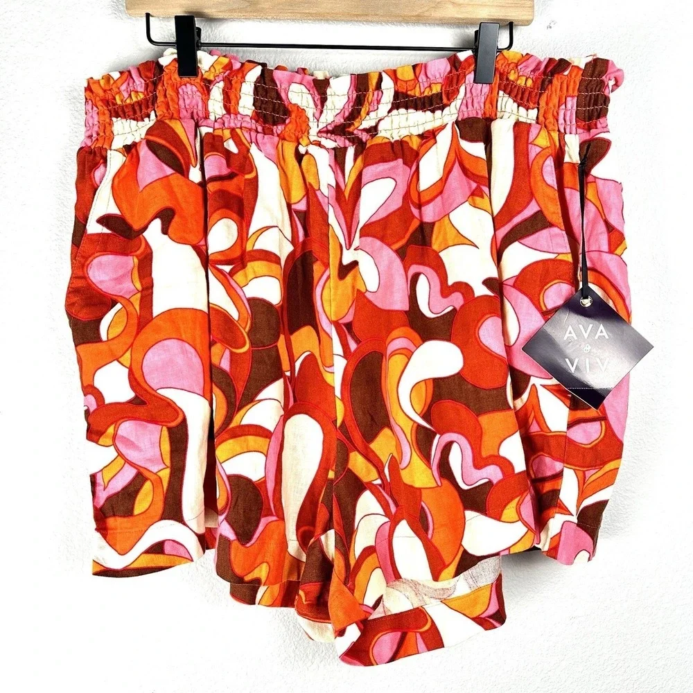 Ava & Viv High Rise‎ Smocked Shorts Womens 2X Orange Pink Retro NWT 021 07 2223